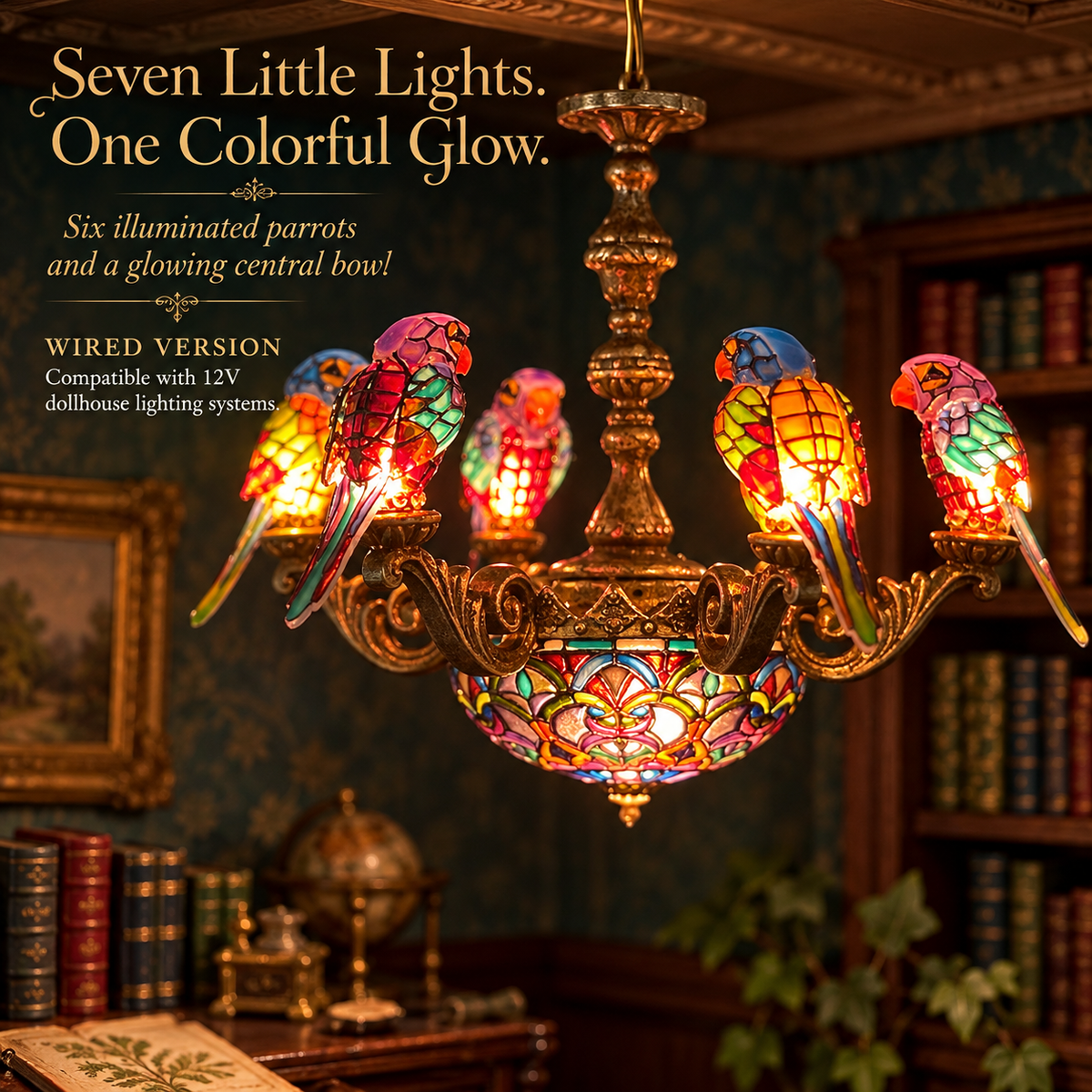 The miniature chandelier illuminated
