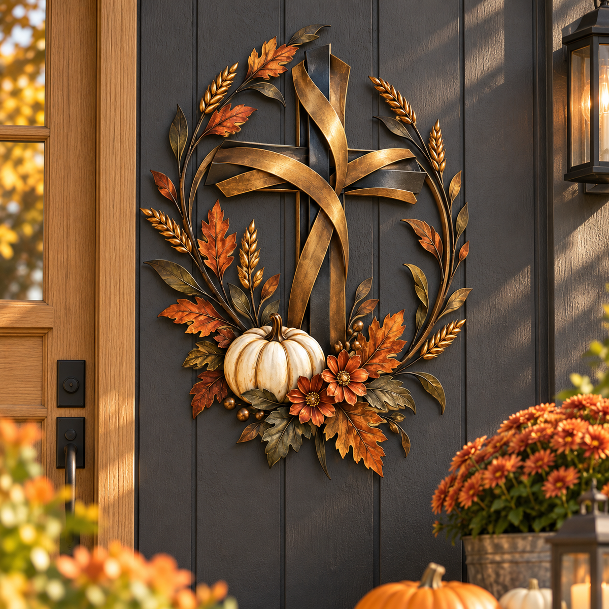 Autumn Cross pumpkin harvest wall decor entryway