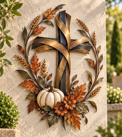 ✝️🍂Autumn Cross & Pumpkin Harvest Metal Wall Decor