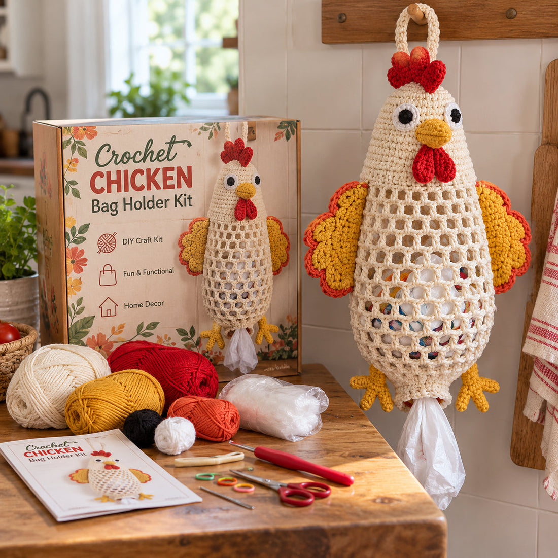 Chicken DIY crochet kit with yarn and example of a hanging grocery bag holder