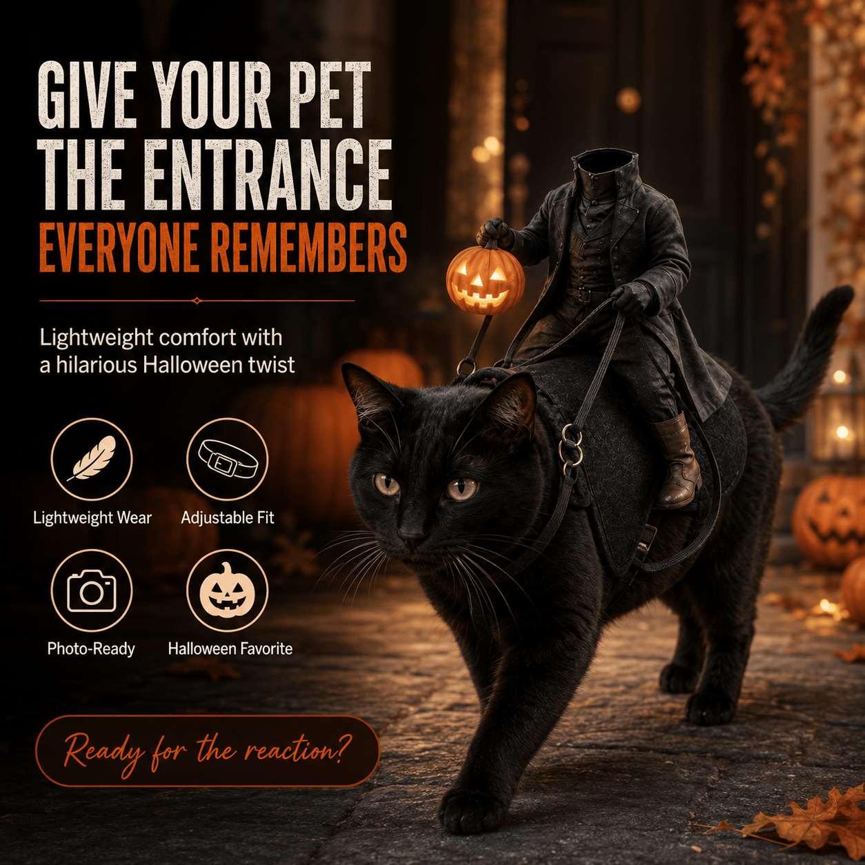 Black cat walking in Headless Horseman Halloween costume