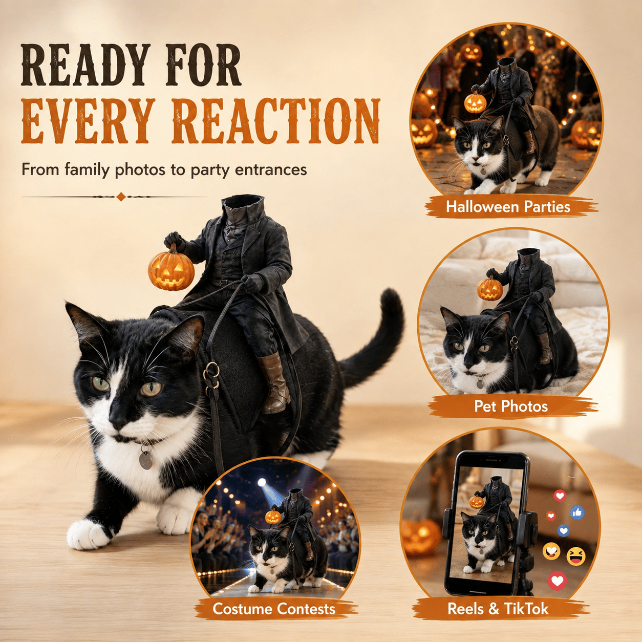 Headless Horseman pet costume for Halloween parties photos and videos