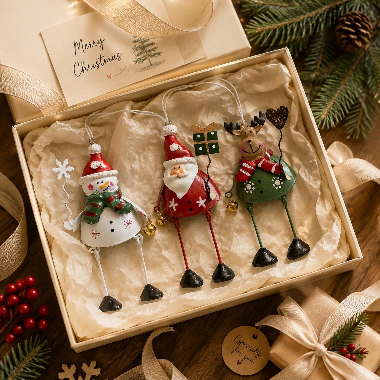 Santa Snowman and Reindeer hand painted metal Christmas ornament set