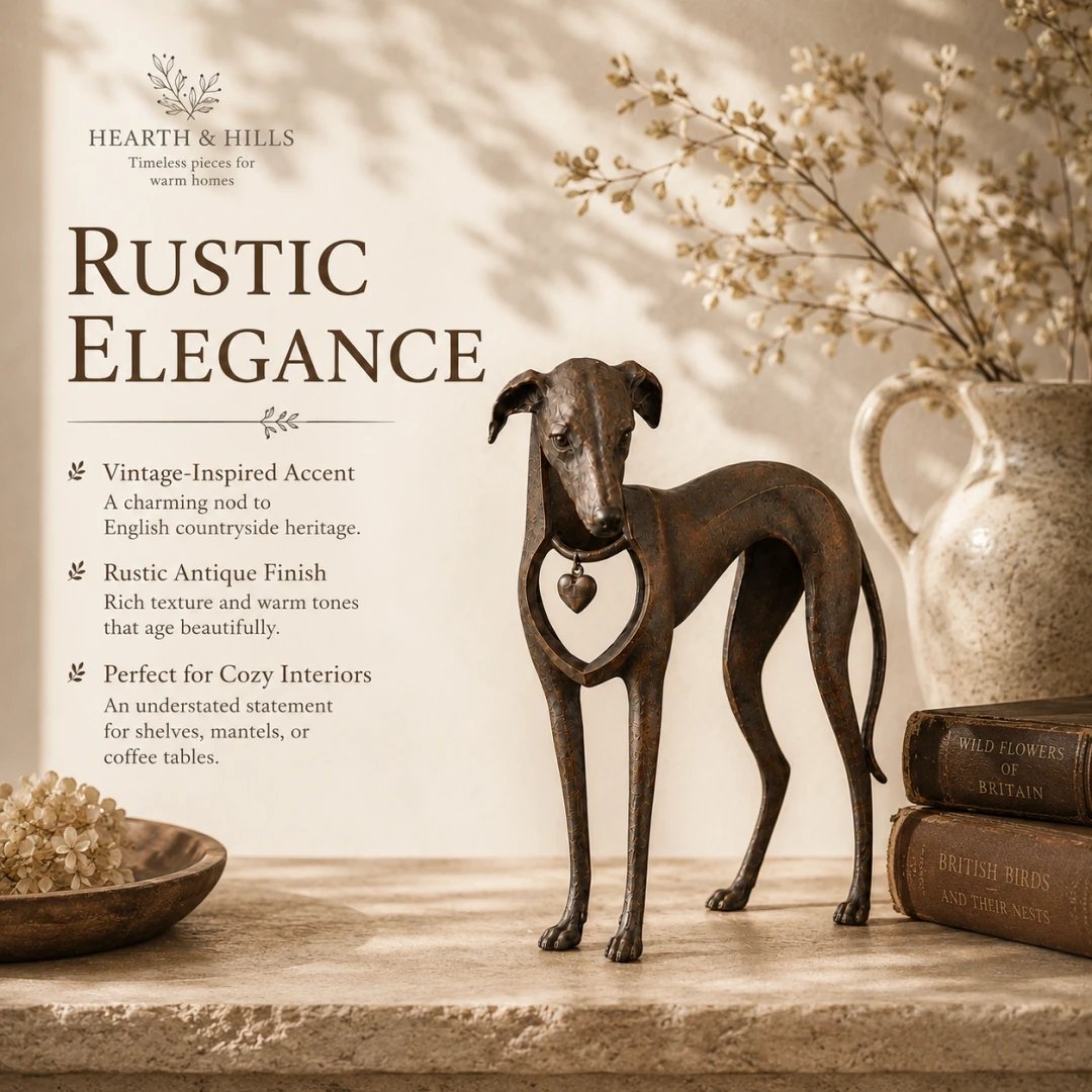 🐕 Heritage Heart Sighthound Sculpture – Vintage Iron Dog Accent for Timeless Interiors