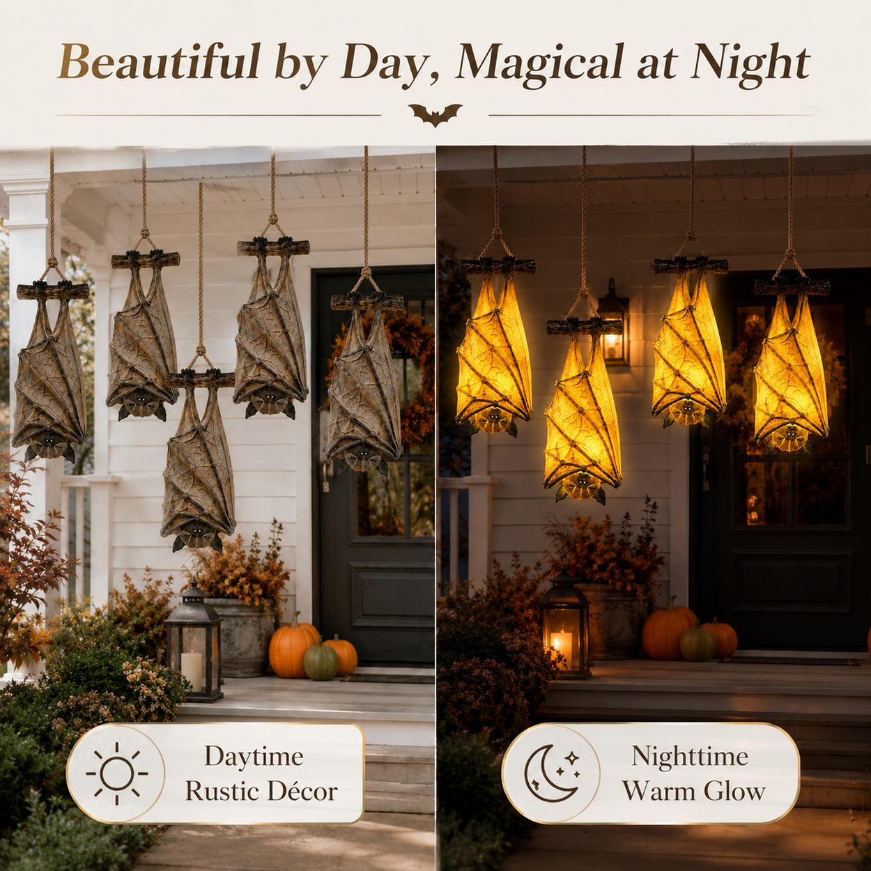 Bat Hanging Chandelier by day and glowing at night