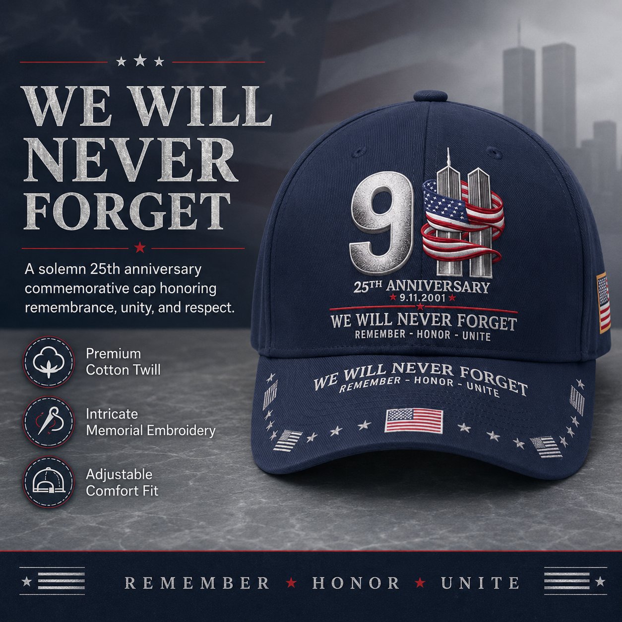 9/11 25th Anniversary We Will Never Forget memorial cap