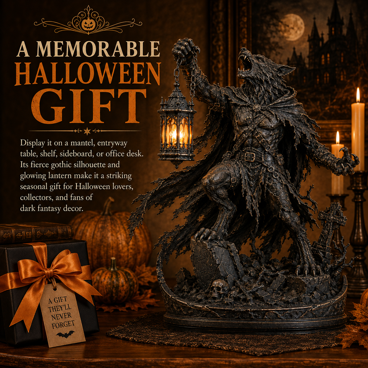 🌕🐺 Moonlit Werewolf Hunter Lantern Statue 🕯️🖤