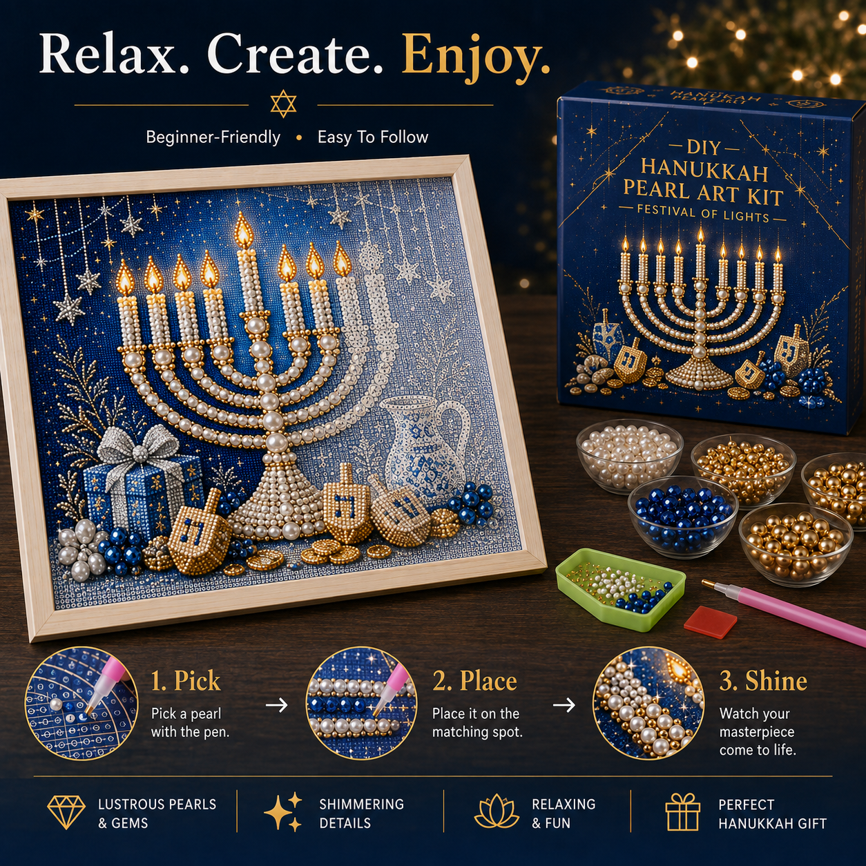 🎁Eight Nights of Light 🕎✨ – DIY Hanukkah Pearl Art Kit
