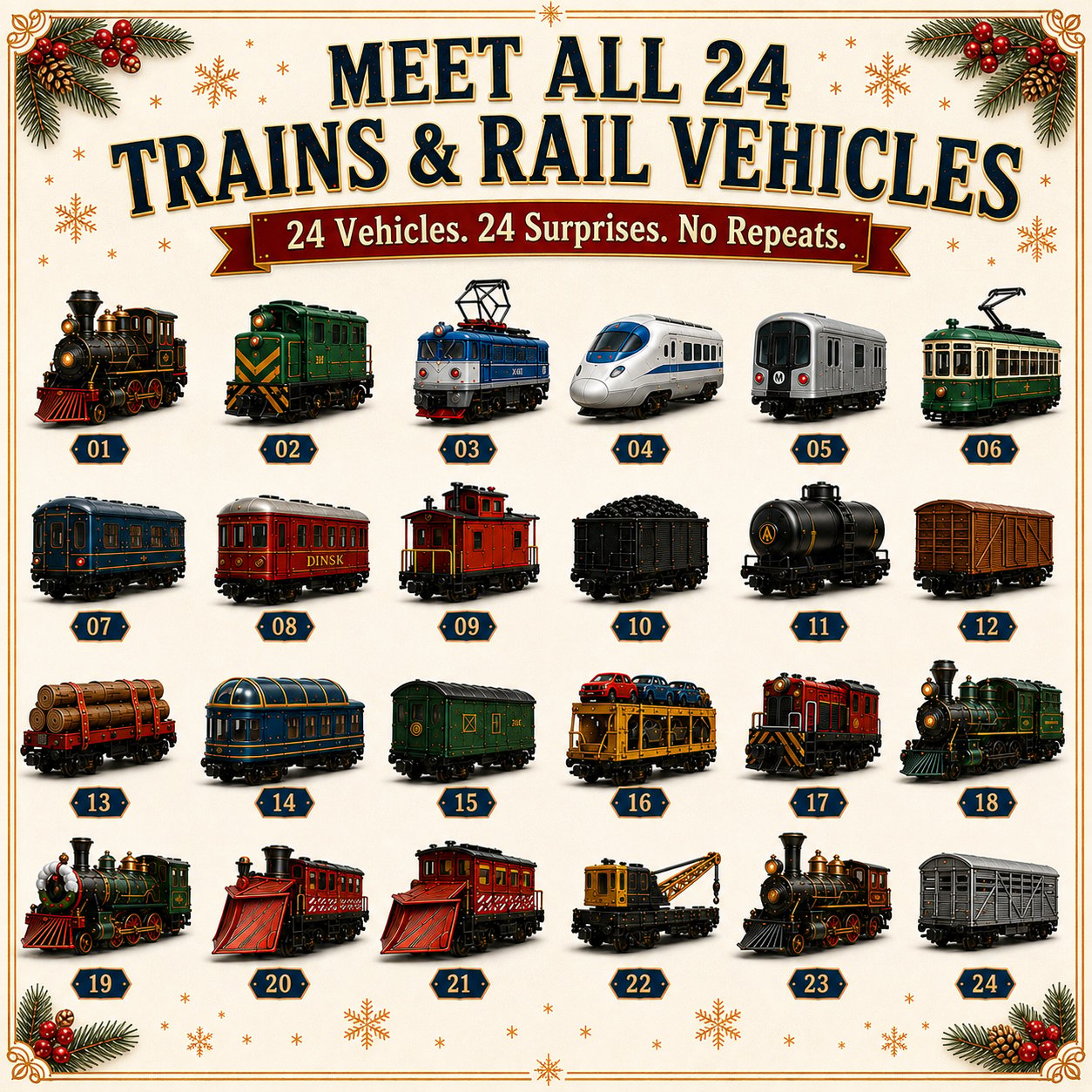 Complete lineup of 24 Trains and Rail Vehicles
