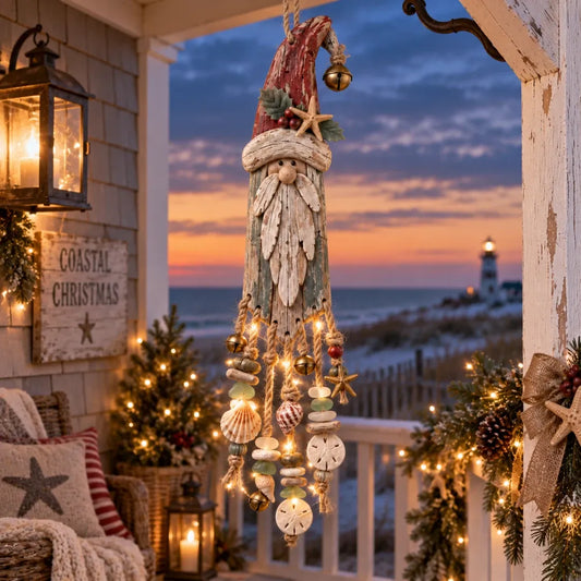 🎅🌊 Vintage Coastal Santa Lighted Wall Decor – Beach House Christmas Hanging with Starfish, Shells & Warm Glow