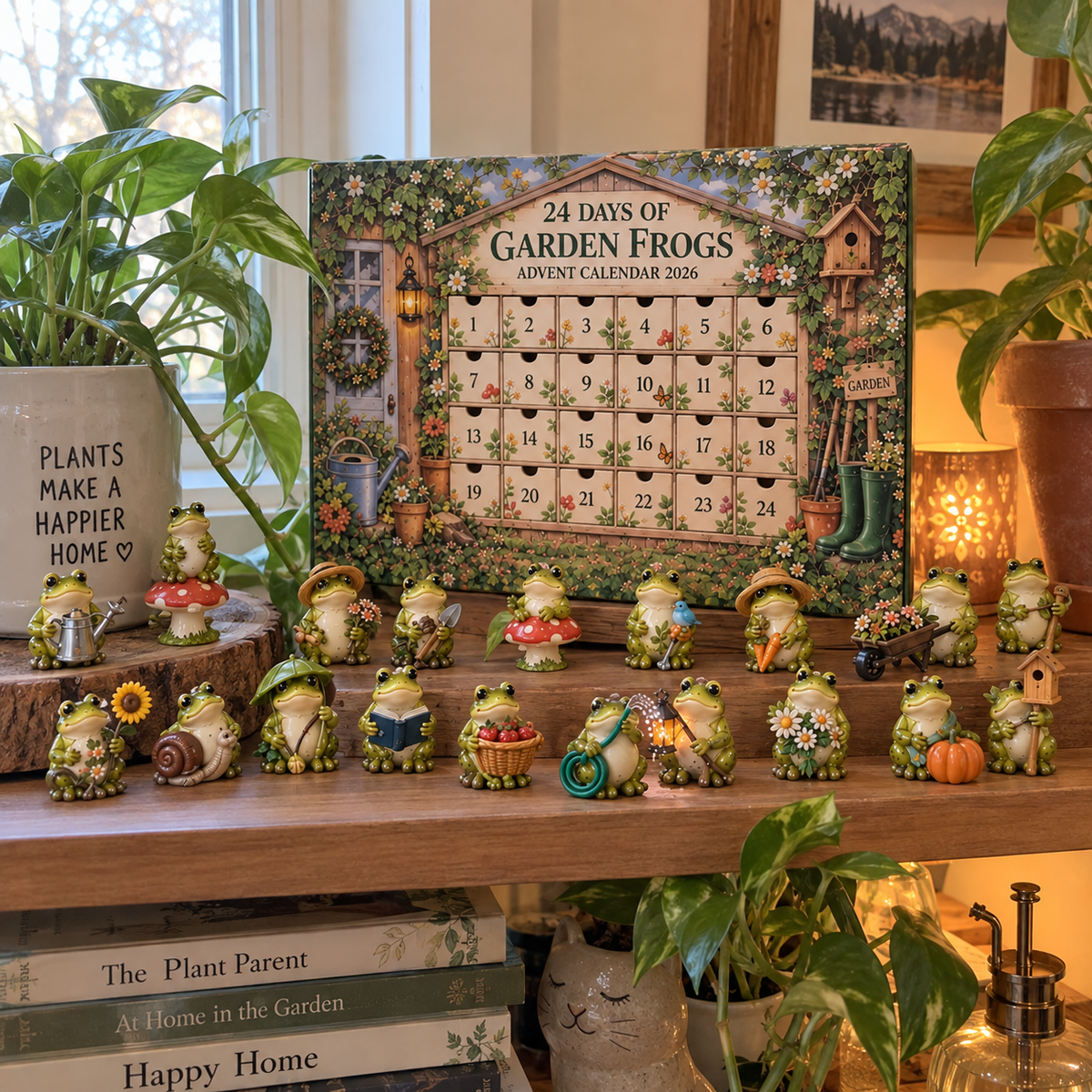 Garden Frog figures displayed with houseplants after Advent