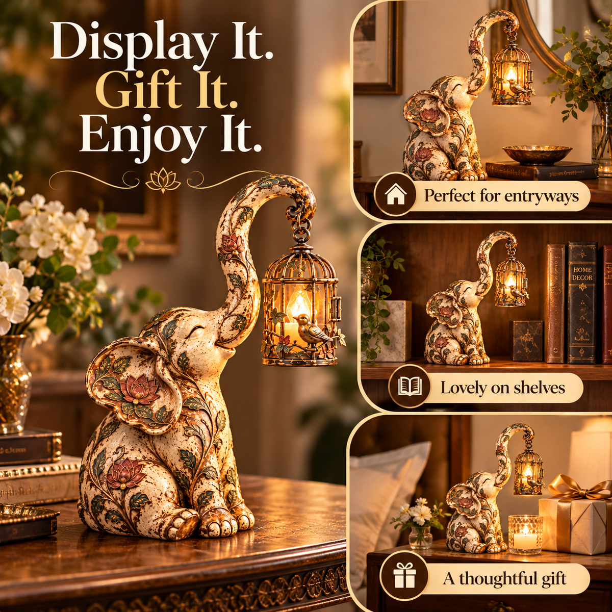 🏮🐘 Vintage Elephant Lantern Statue – Boho Floral Elephant Decor with Warm Hanging Light