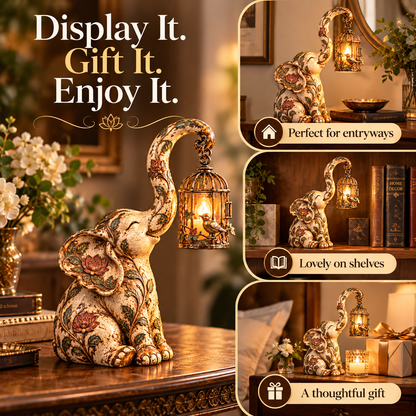 🏮🐘 Vintage Elephant Lantern Statue – Boho Floral Elephant Decor with Warm Hanging Light