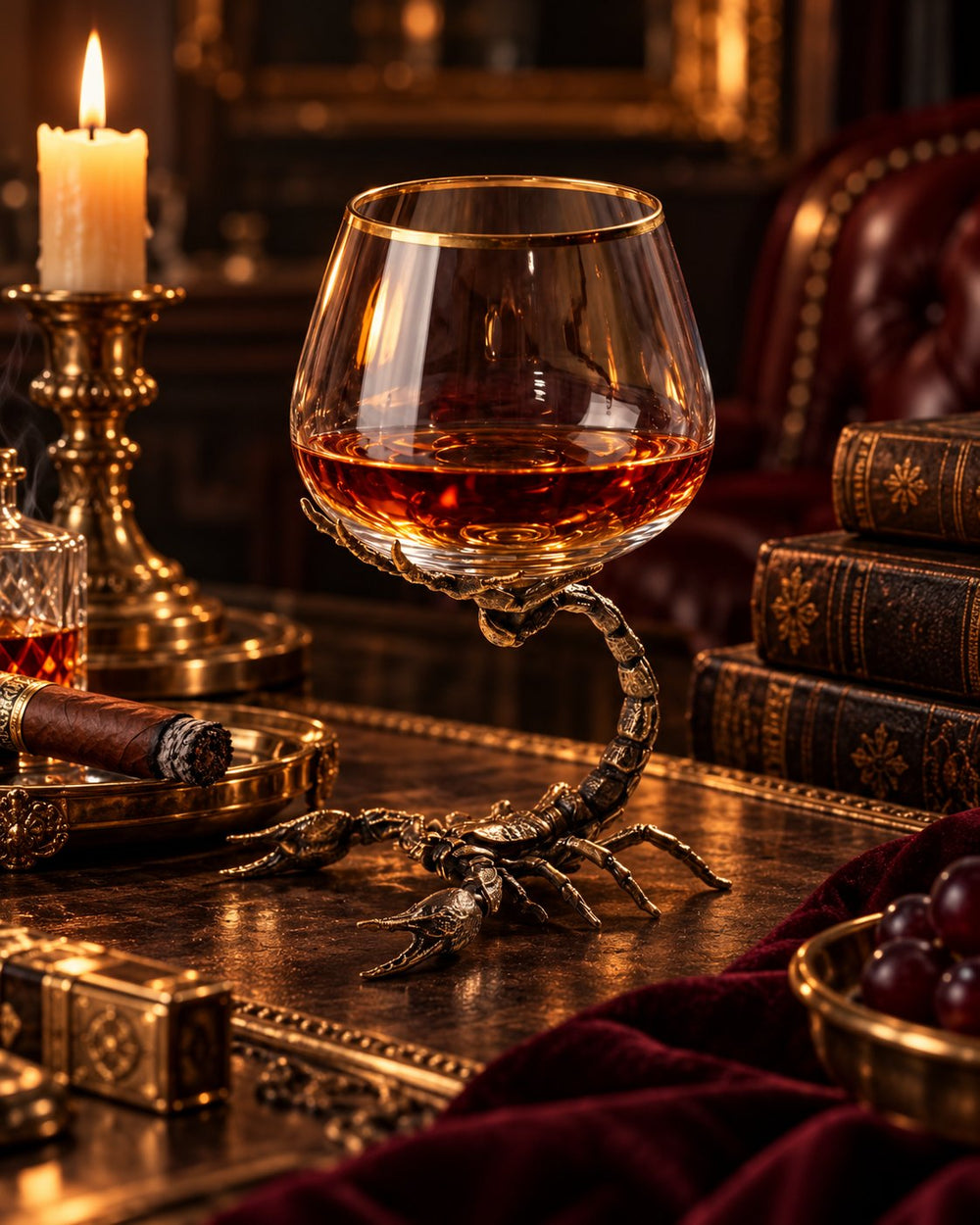 Scorpion brandy glass on an elegant home bar