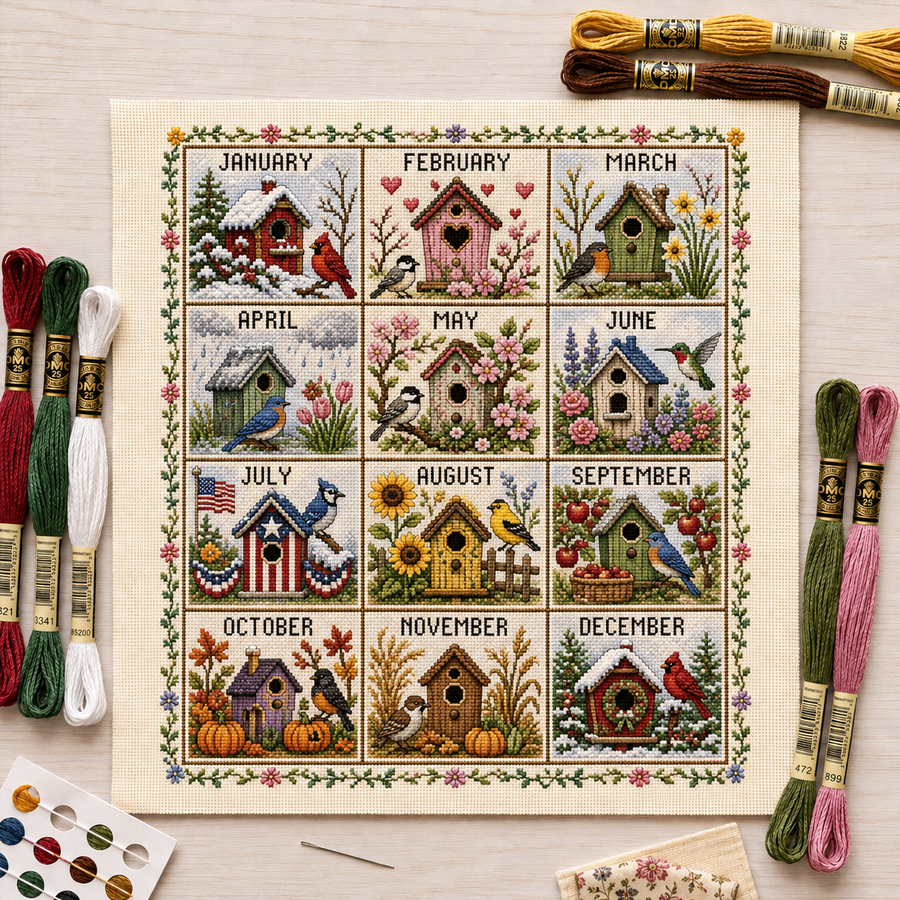 Birdhouse Seasons Cross Stitch