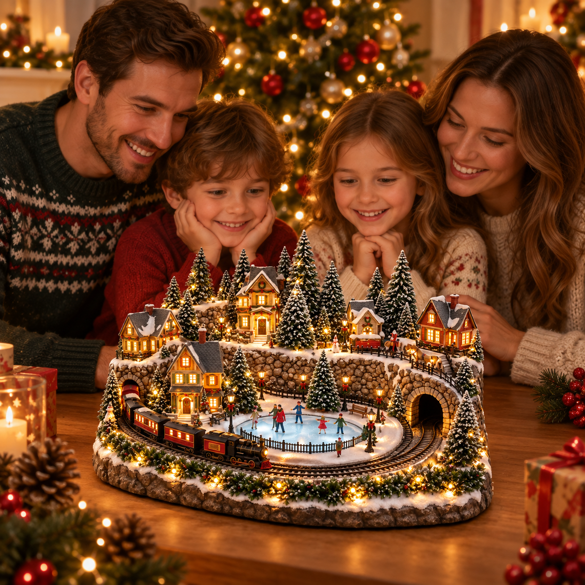 Family enjoying a detailed lighted snowy Christmas village display