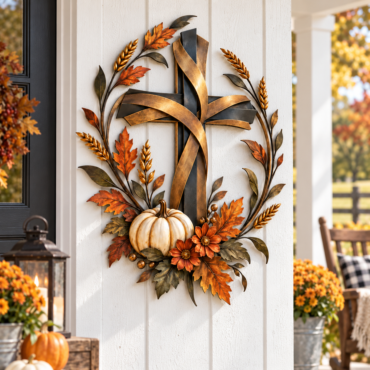 Autumn Cross harvest metal wall decor detail
