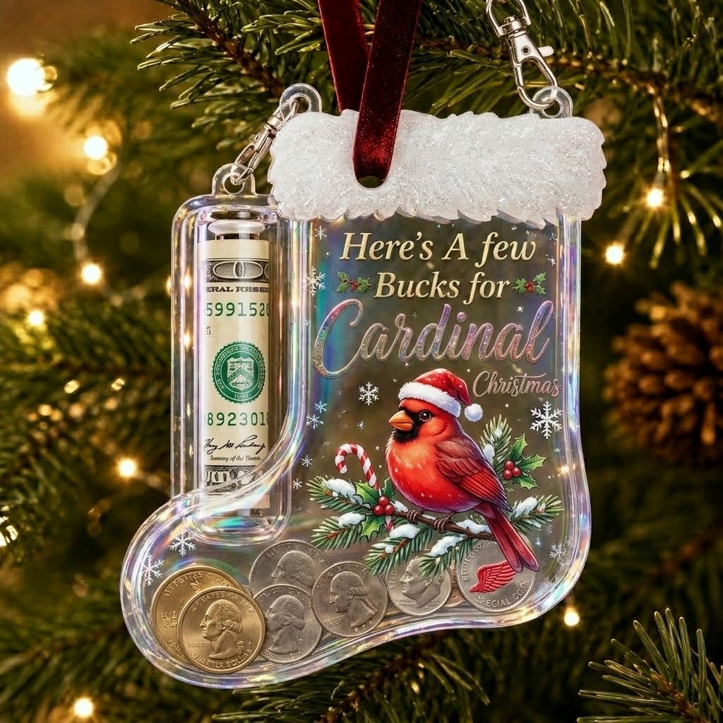 Cardinal Christmas Stocking Money Holder Ornament hanging on Christmas tree