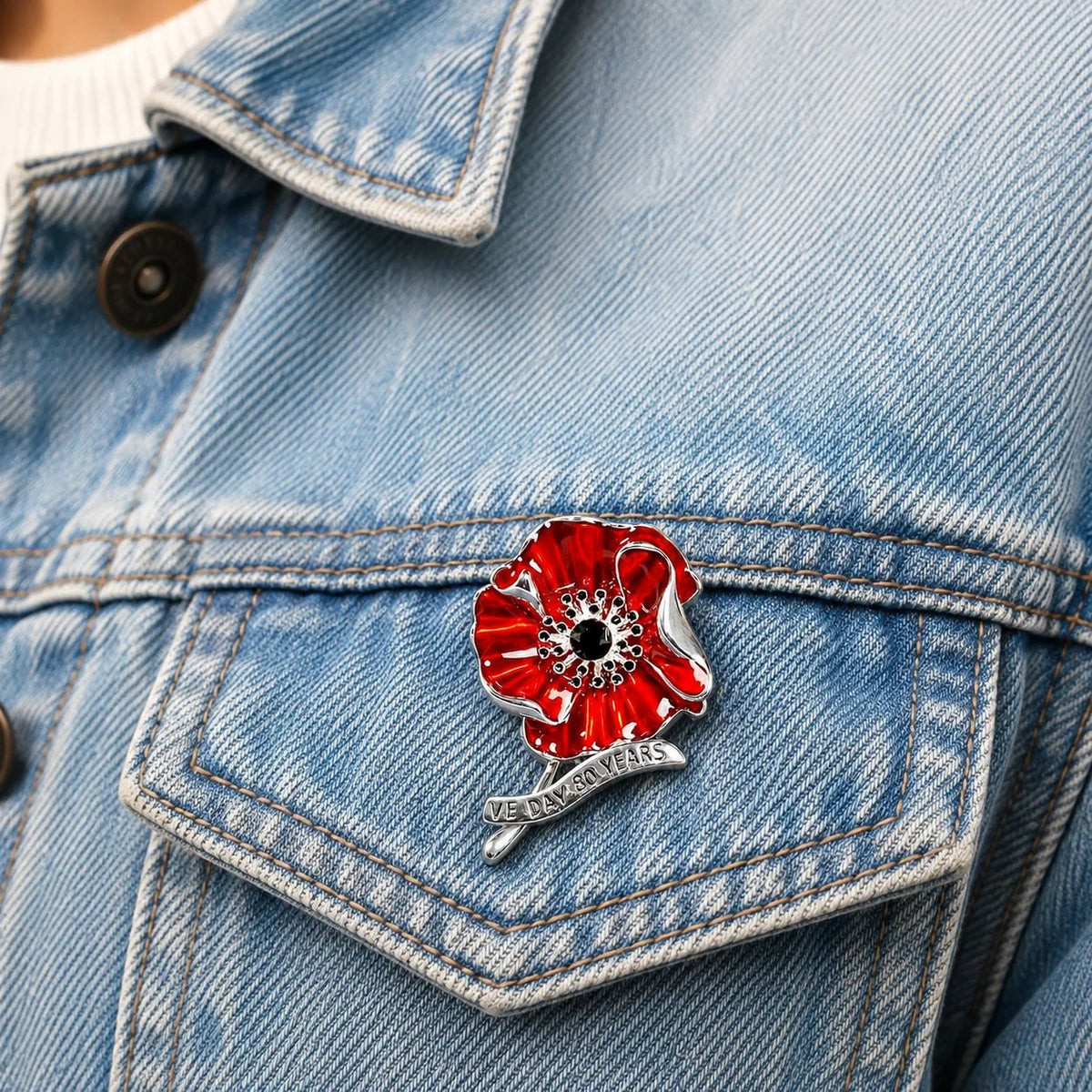 VE Day Poppy Brooch on denim jacket