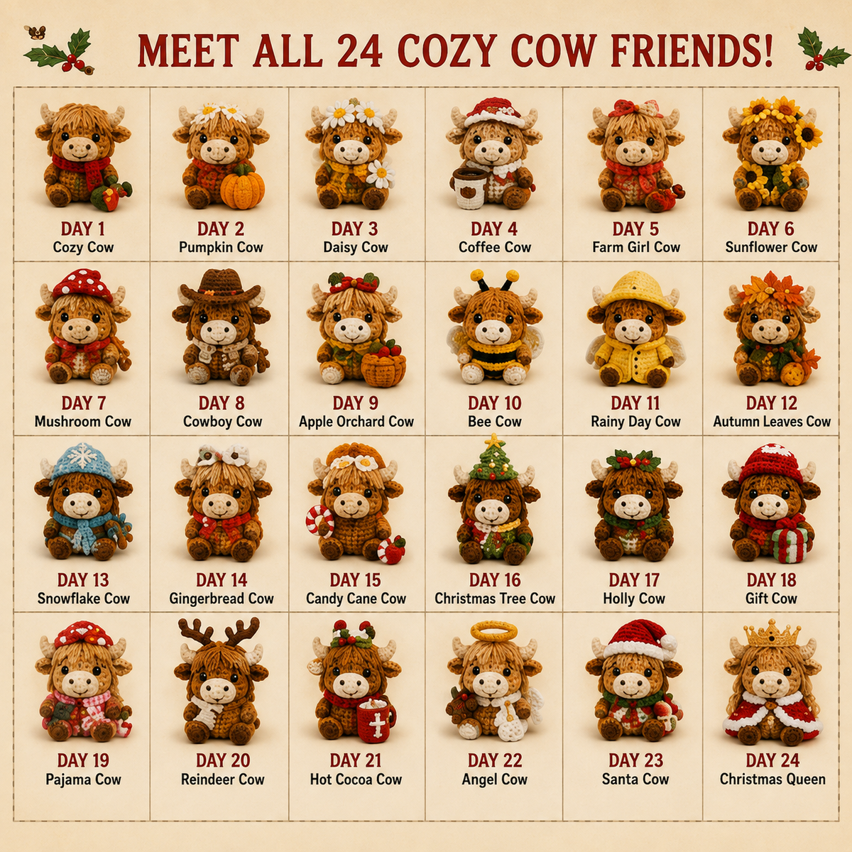 24 Highland Cow Advent Calendar character guide