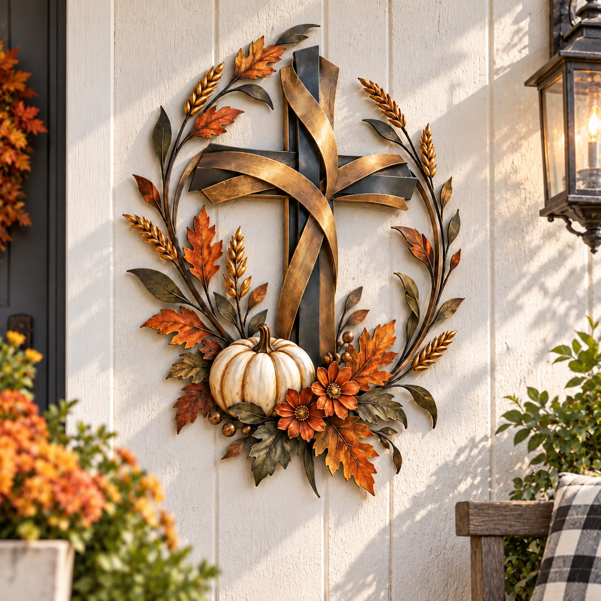 Autumn Cross Pumpkin Harvest Metal Wall Decor