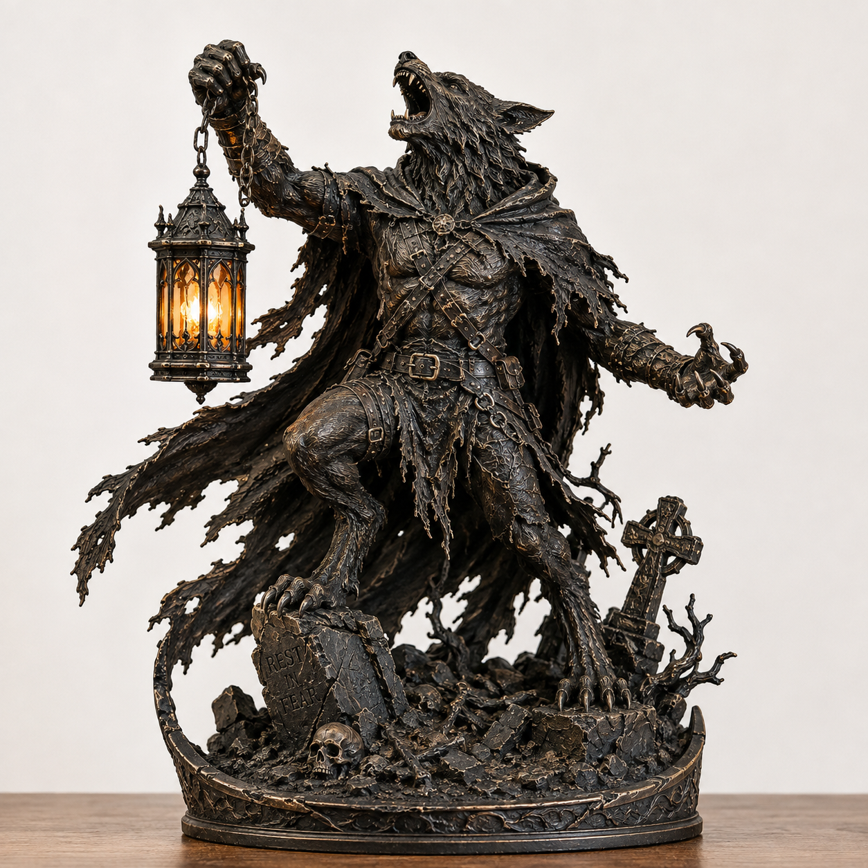 🌕🐺 Moonlit Werewolf Hunter Lantern Statue 🕯️🖤