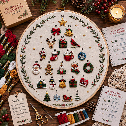 🎄🧵 Christmas Tree 24-Day Embroidery Kit – Stitch a Little Christmas Magic Every Day ✨🎁