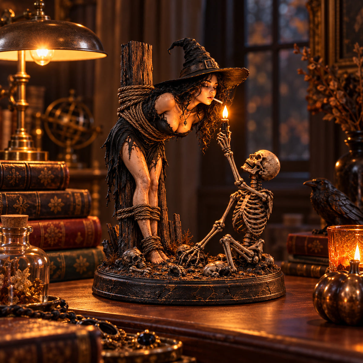 Witch and skeleton Halloween figurine with a glowing candle accent