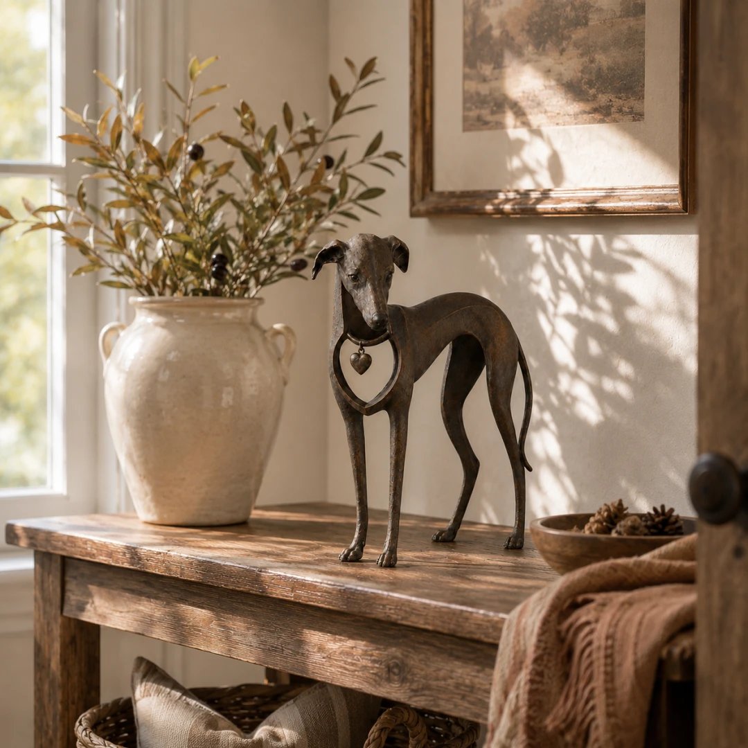 🐕 Heritage Heart Sighthound Sculpture – Vintage Iron Dog Accent for Timeless Interiors