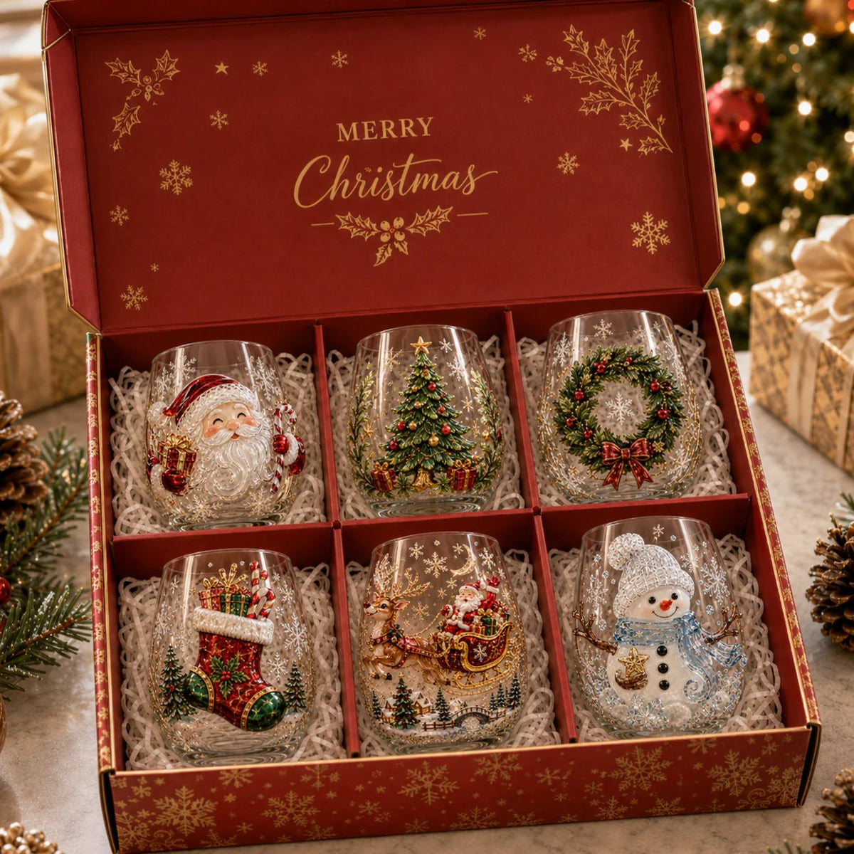 Six Christmas glasses in festive red gift box
