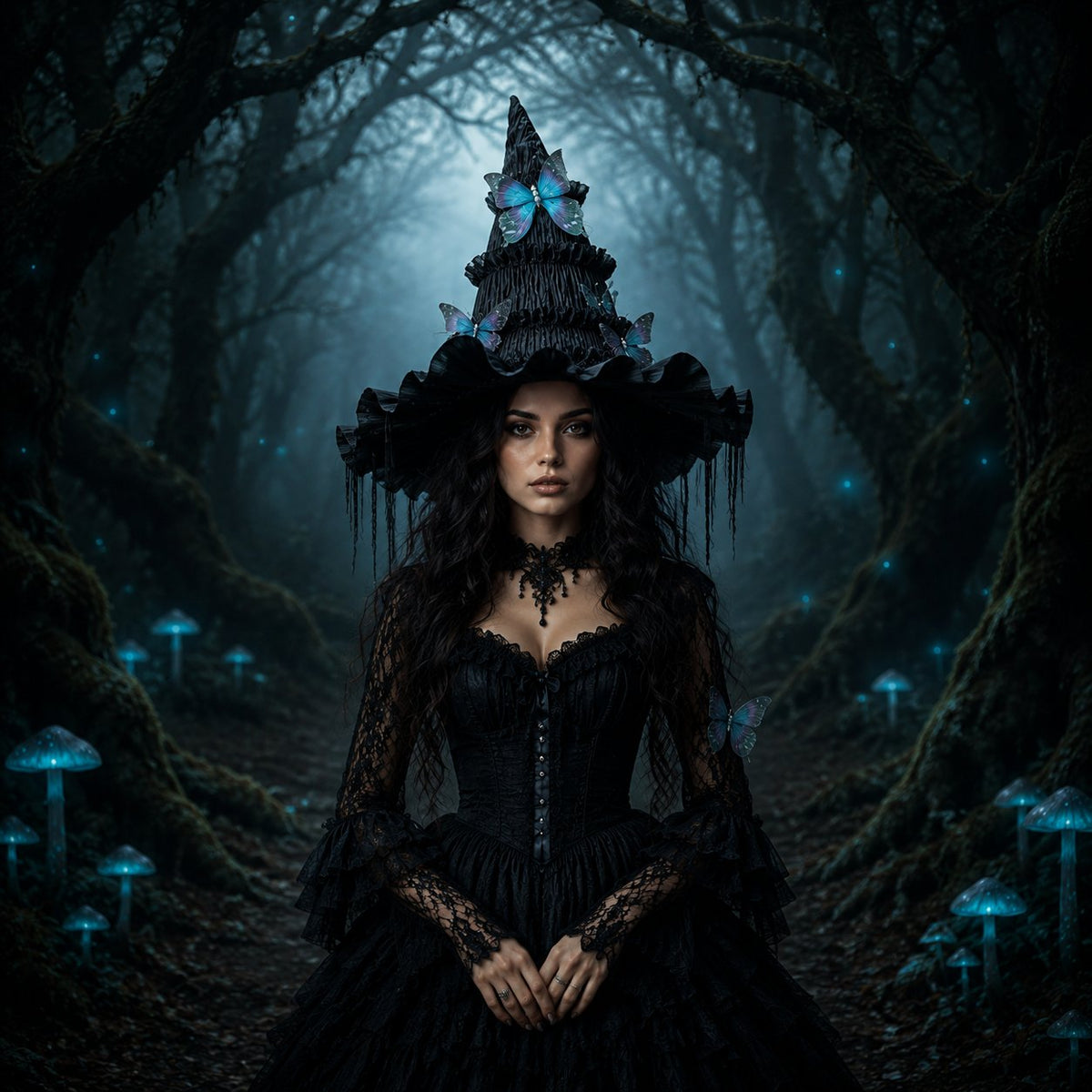 Woman wearing mystical butterfly witch hat