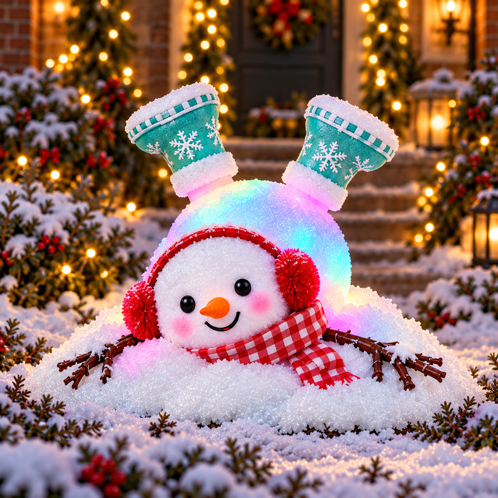 Hide-and-Seek Frosty snowman half buried headfirst in a snowy mound, smiling with red earmuffs, red gingham scarf and teal snowflake boots pointing upward