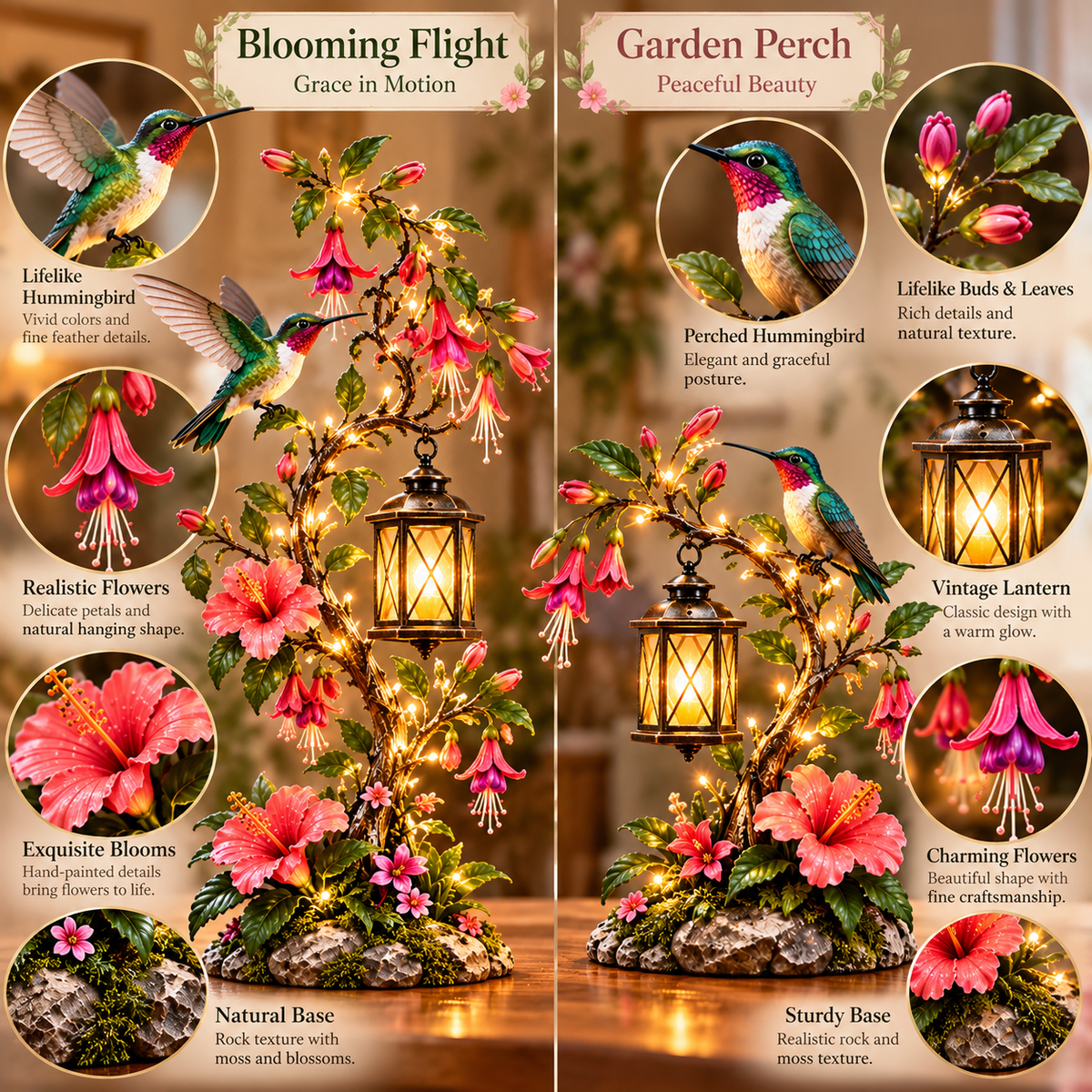 Close-up comparison of the two hummingbird lantern styles with enlarged hummingbird feathers, pink flowers, bronze lantern and rocky bases