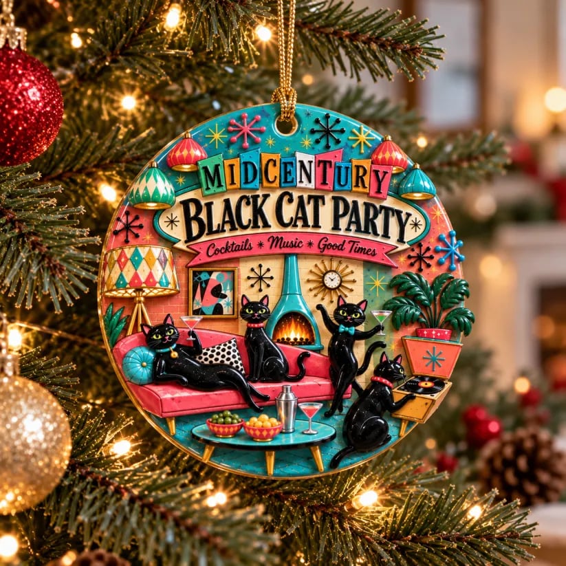 Vintage Mid-Century Black Cat Christmas Ornaments