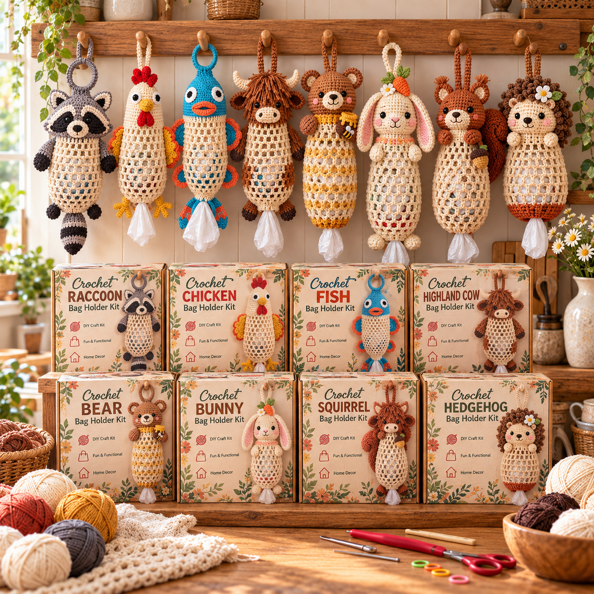 Eight hanging crochet animal bag holder designs, including raccoon, chicken, fish, cow, bear, bunny, squirrel, and hedgehog