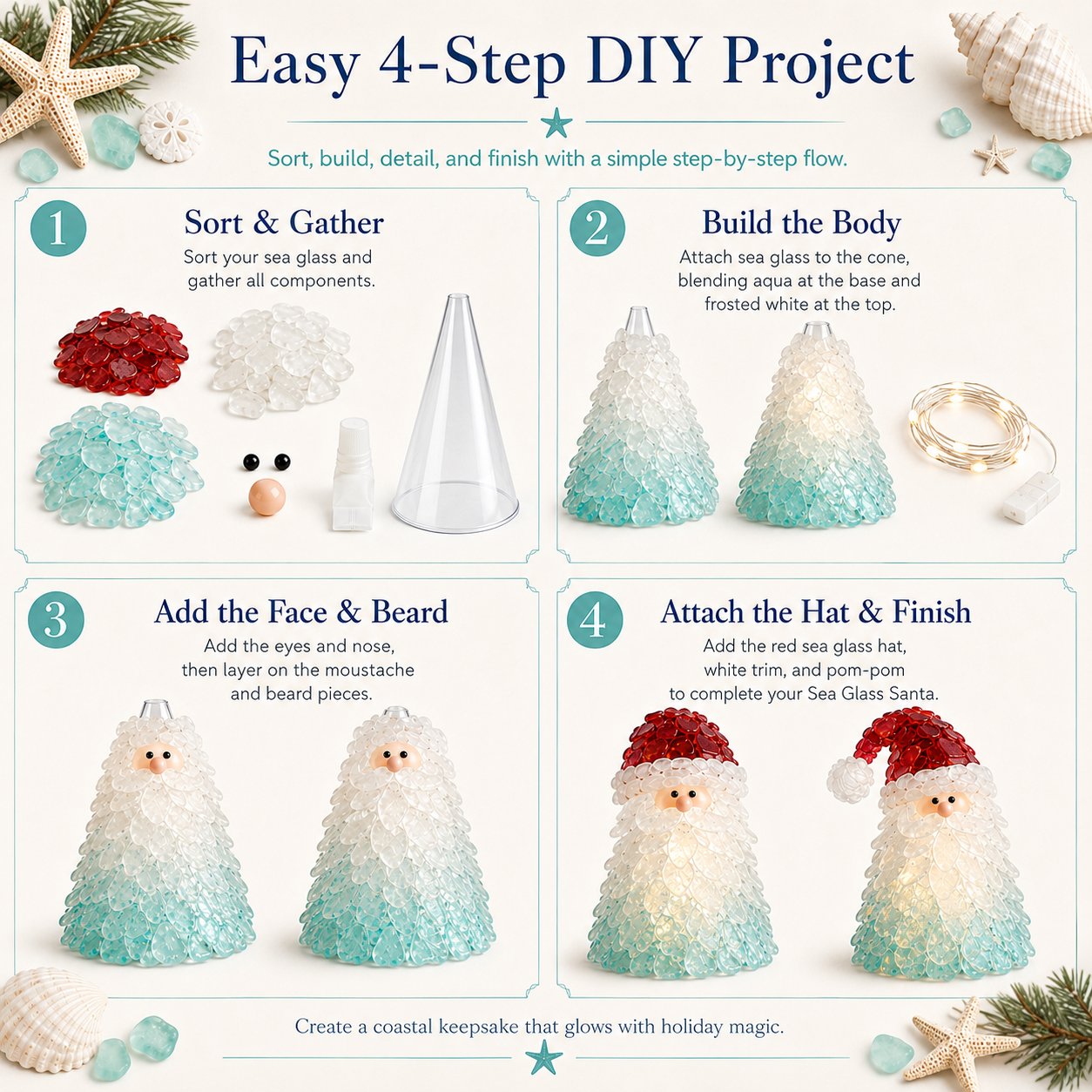 Four step DIY sea glass Santa Christmas craft process