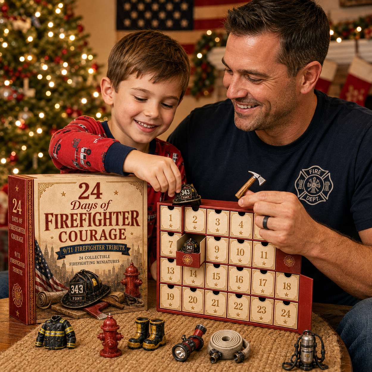 Father and son opening firefighter Advent Calendar together at Christmas