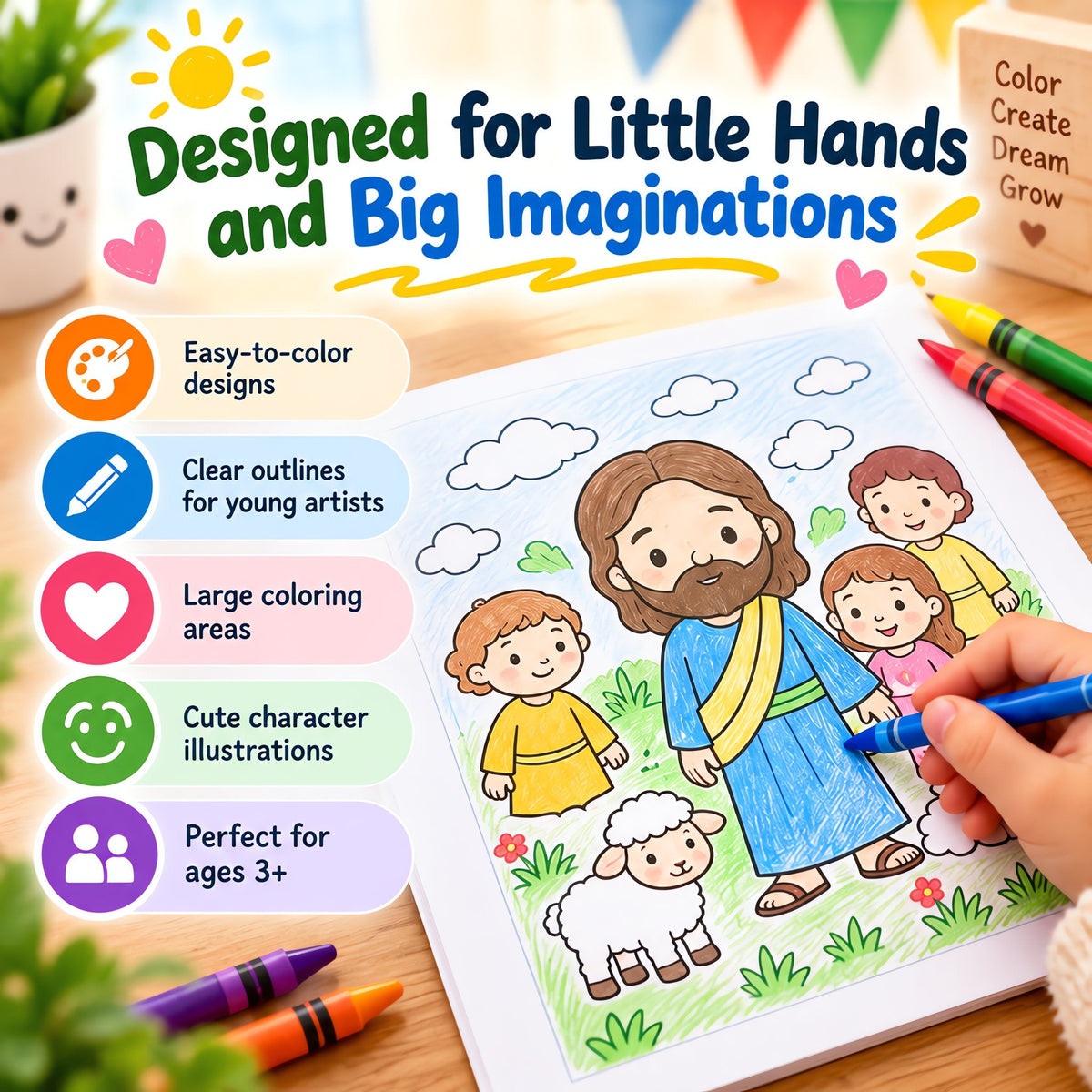 Coloring book designed for little hands and ages 3 plus