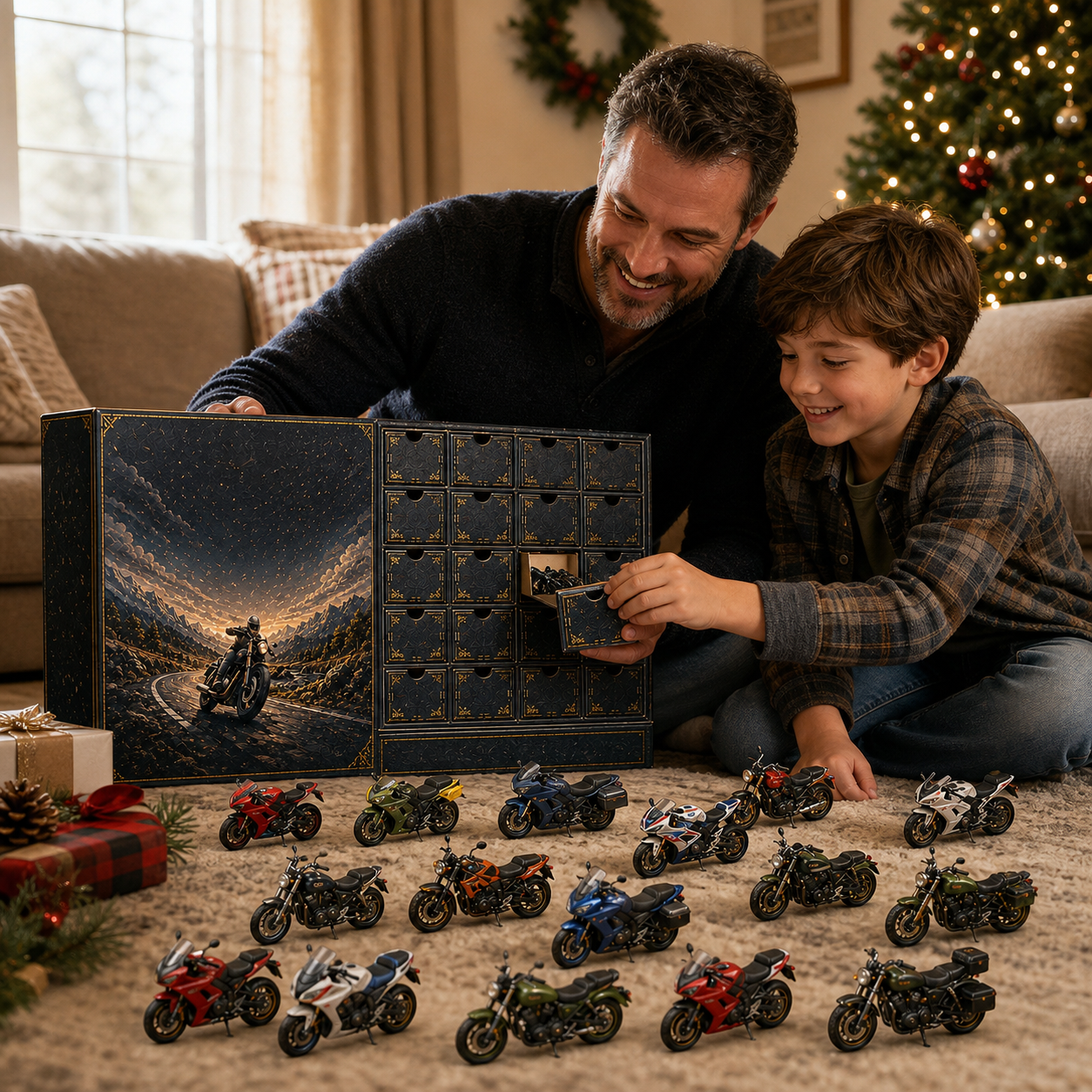 Father and son opening the Motorcycle Legends Advent Calendar