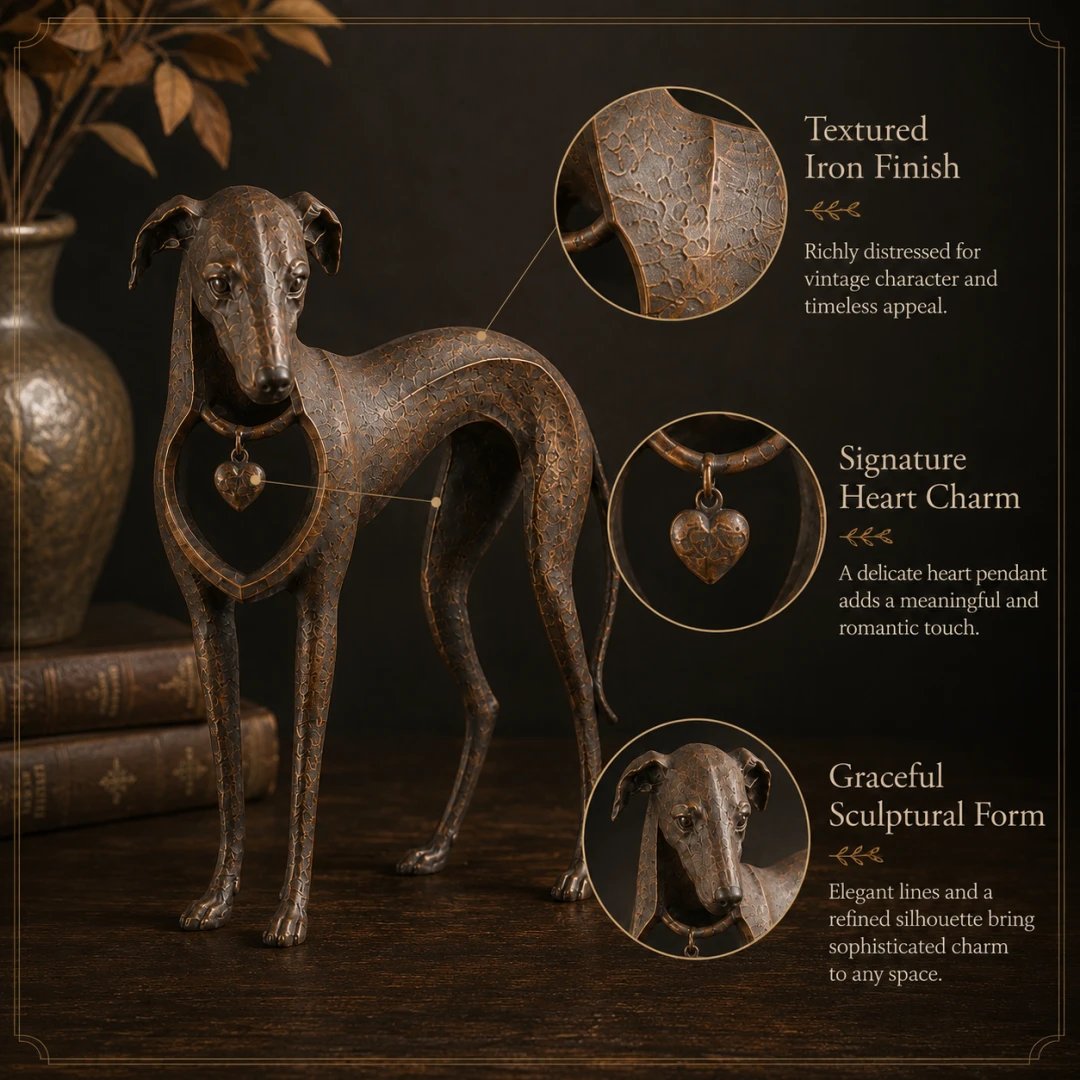 🐕 Heritage Heart Sighthound Sculpture – Vintage Iron Dog Accent for Timeless Interiors
