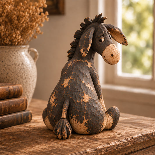Rustic Vintage Donkey Figurine – Funny Farmhouse Tabletop Decor with Distressed Wood-Look Finish