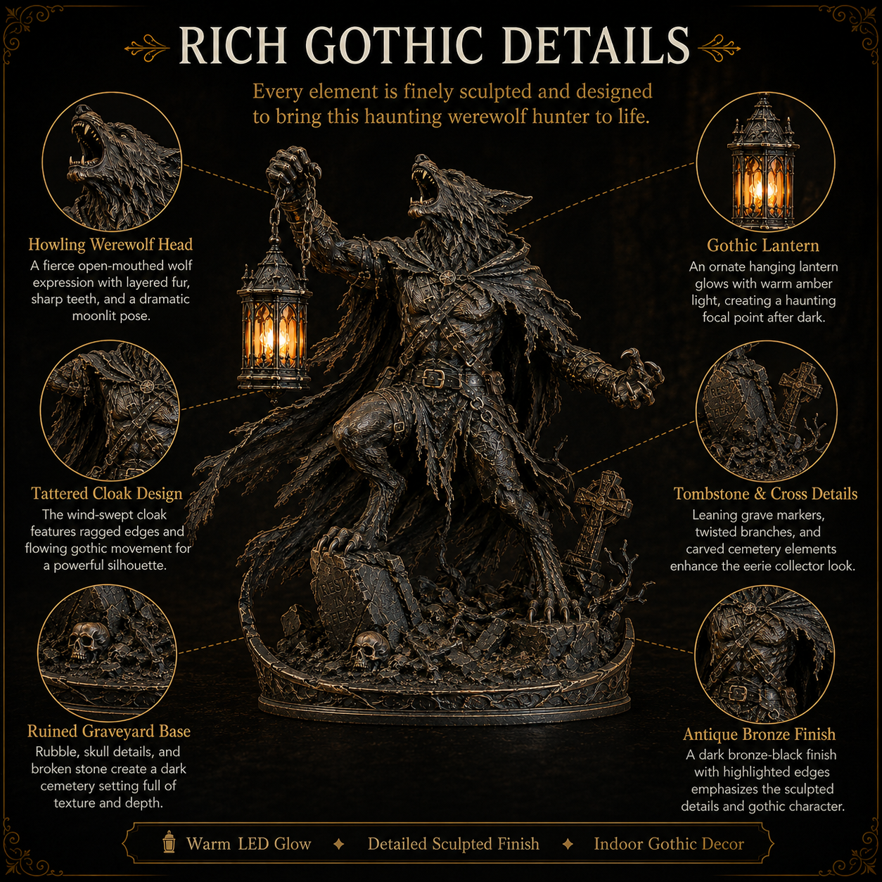 🌕🐺 Moonlit Werewolf Hunter Lantern Statue 🕯️🖤