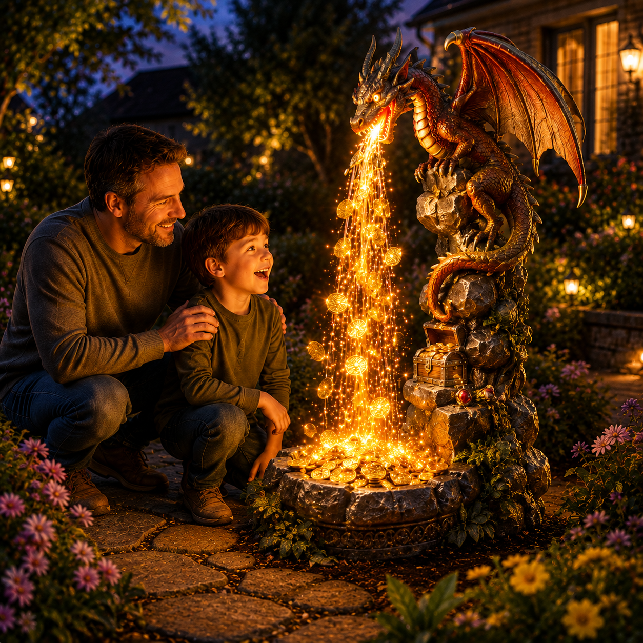 🐉✨ Dragon Treasure Fountain Solar Garden Light 💰🌙