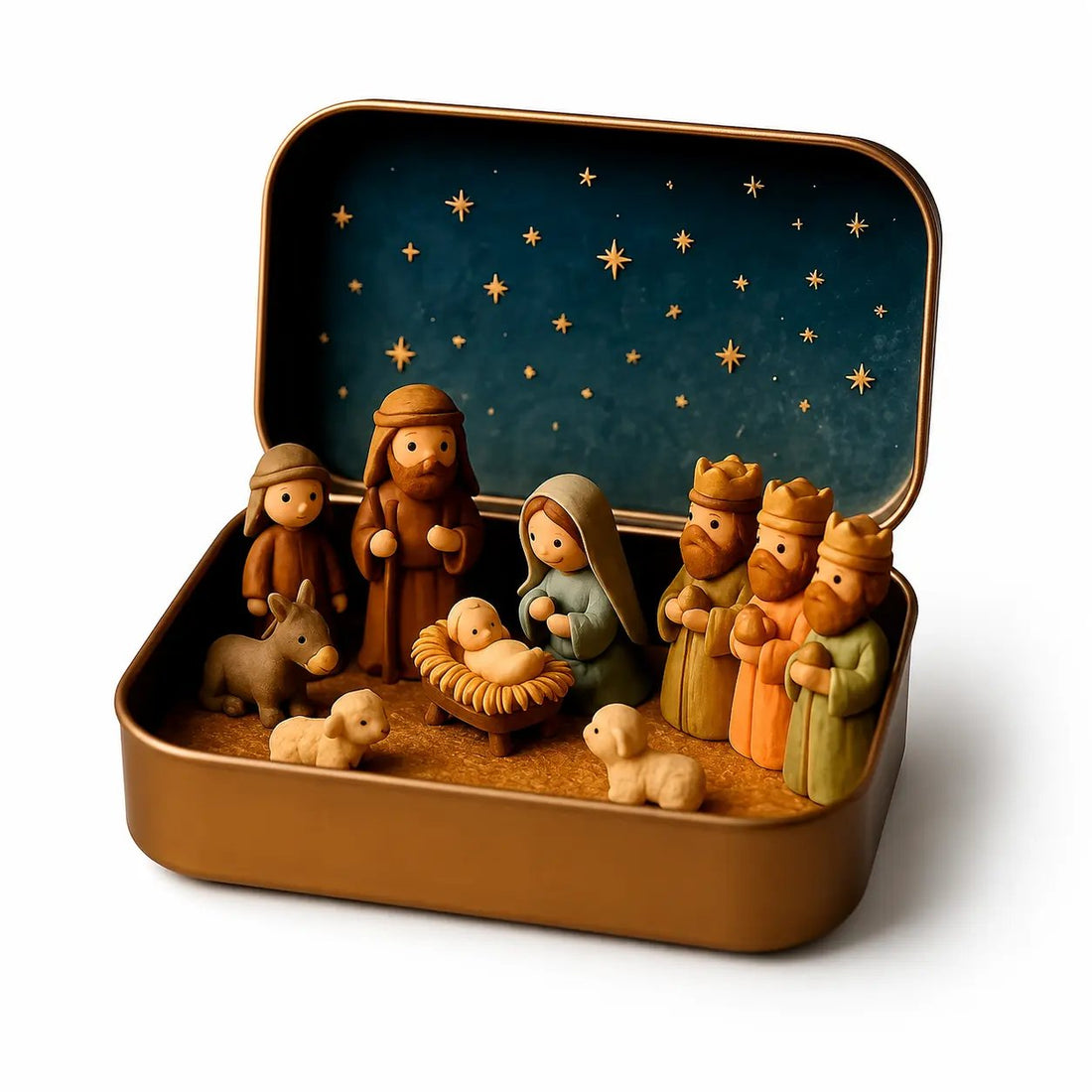 Mini Nativity figures being arranged for Christmas