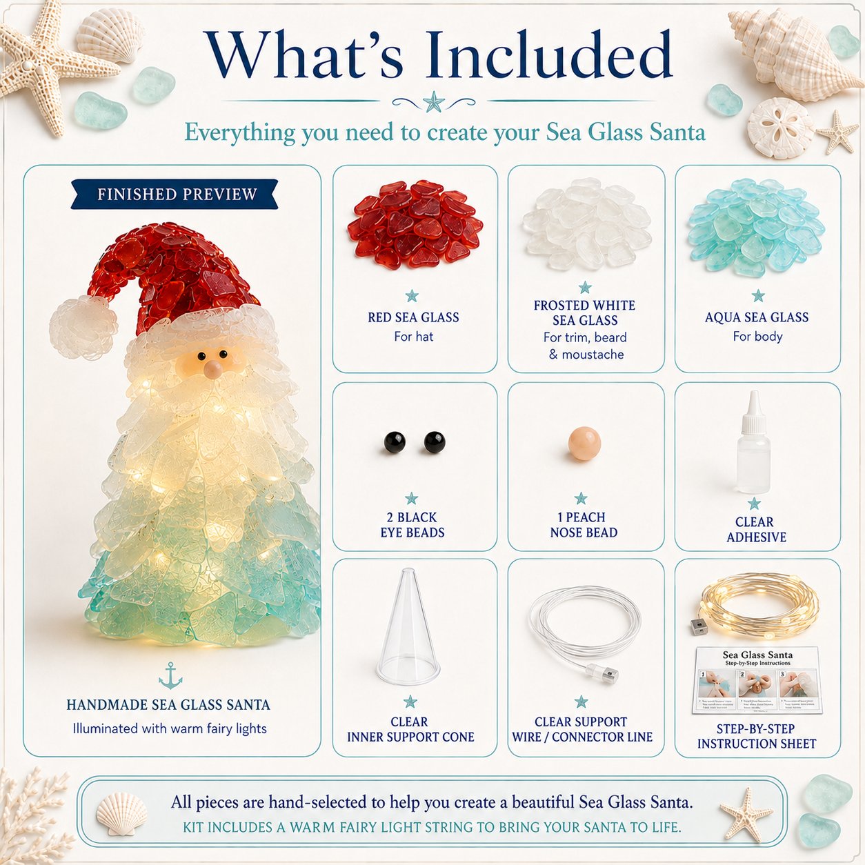 What's included in the DIY sea glass Santa Christmas kit
