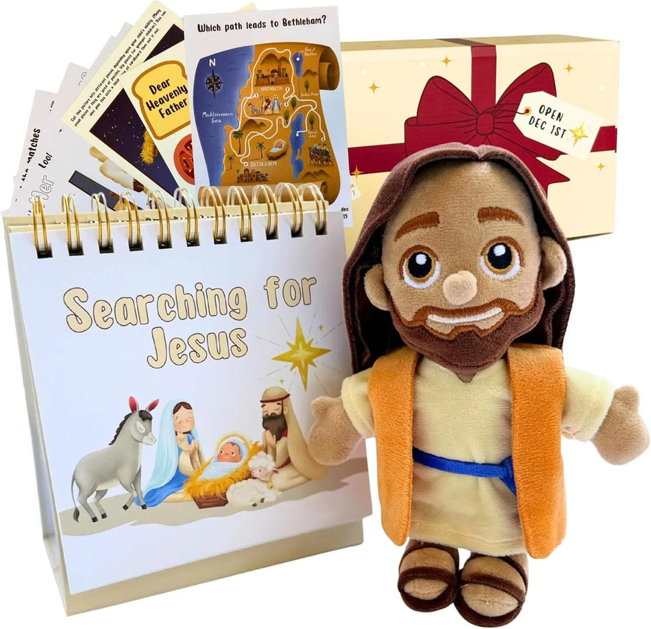 Full Searching for Jesus Advent Set including plush, illustrated story calendar, activity pages and gift box