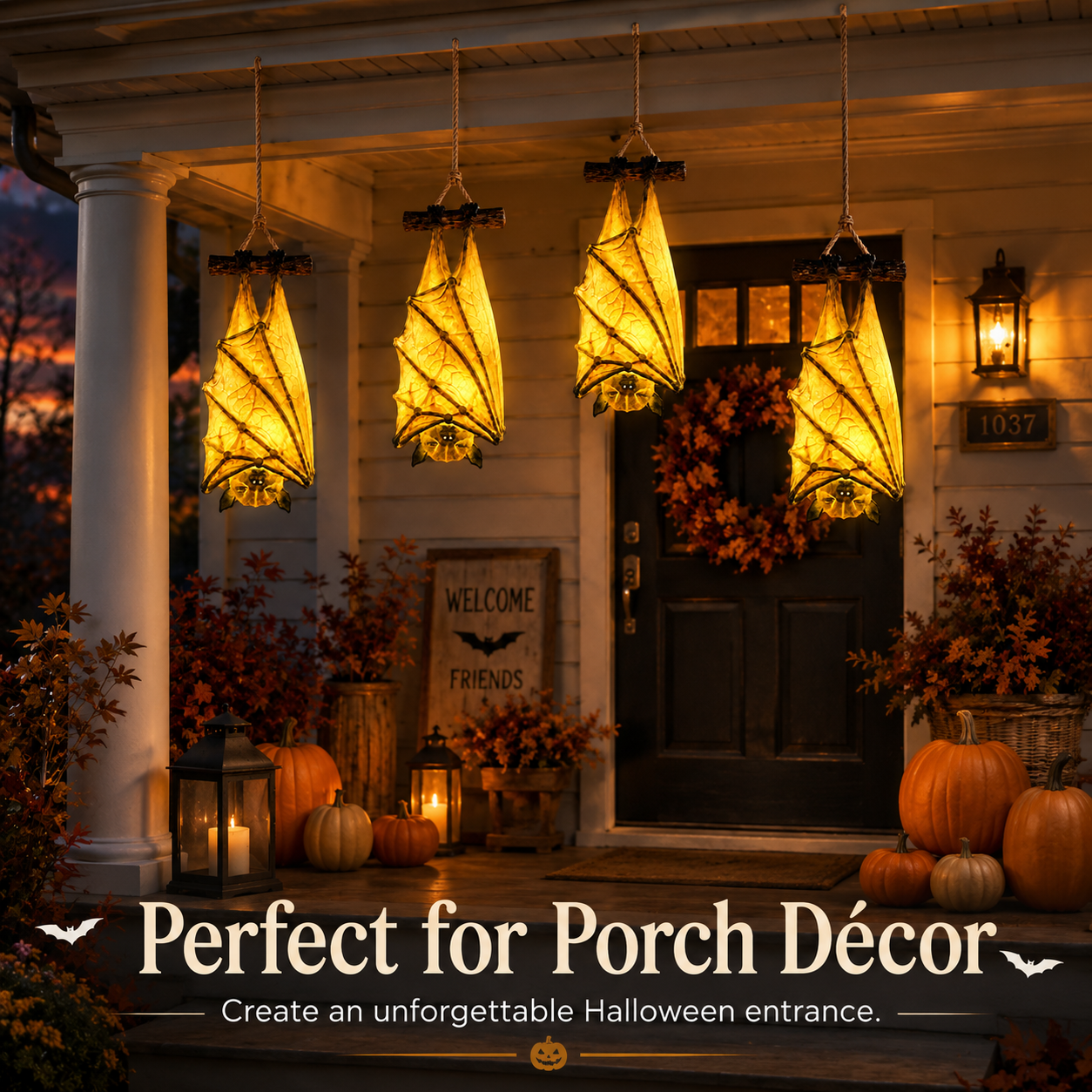 Glowing bats hanging over a decorated Halloween front porch