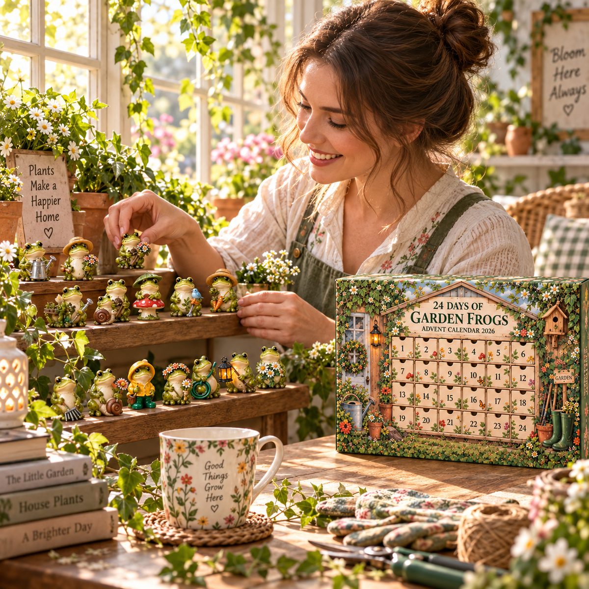 Woman displaying Garden Frog collectible figures