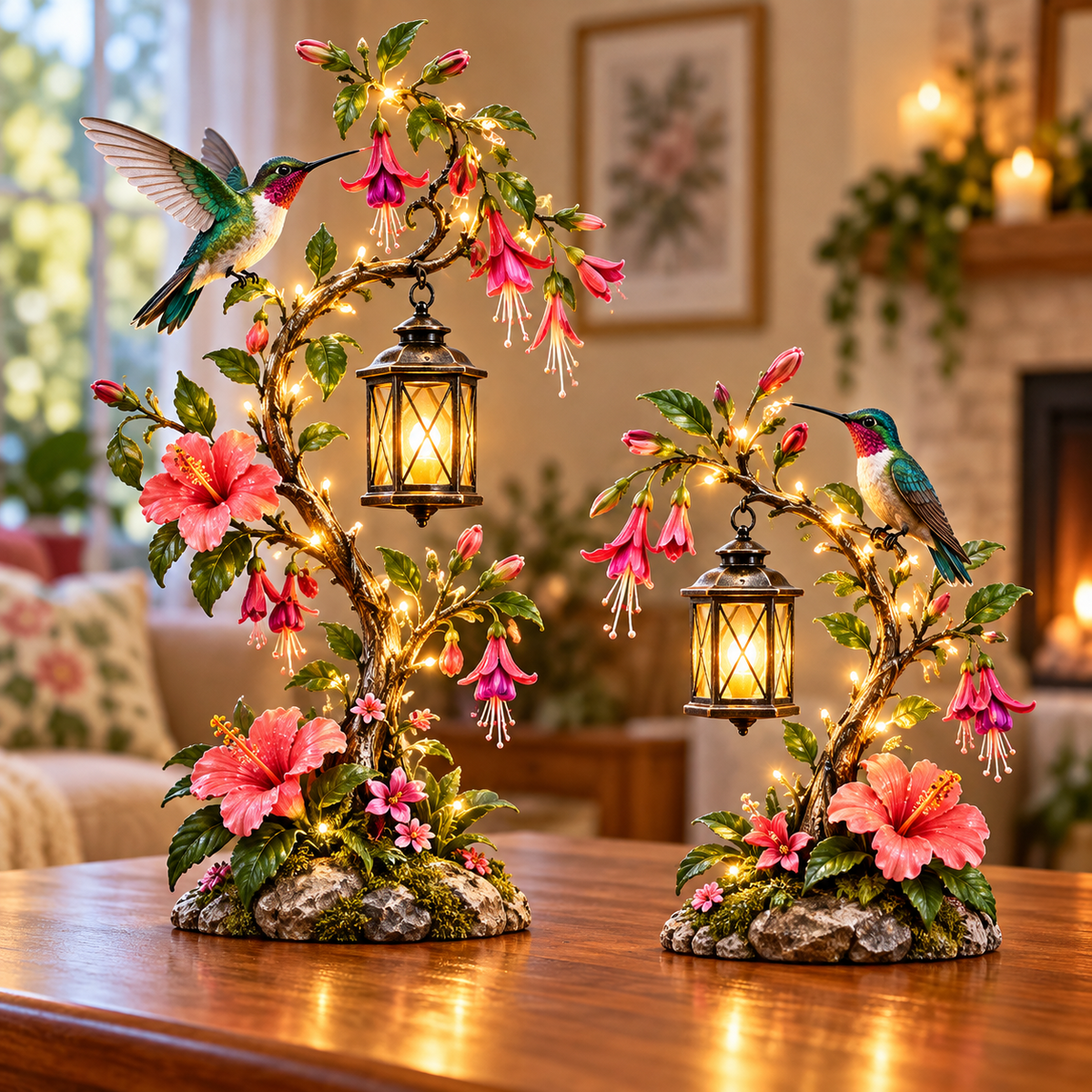 Blooming Flight and Garden Perch hummingbird tabletop floral lanterns with pink blossoms, bronze-style lanterns, and warm branch lighting