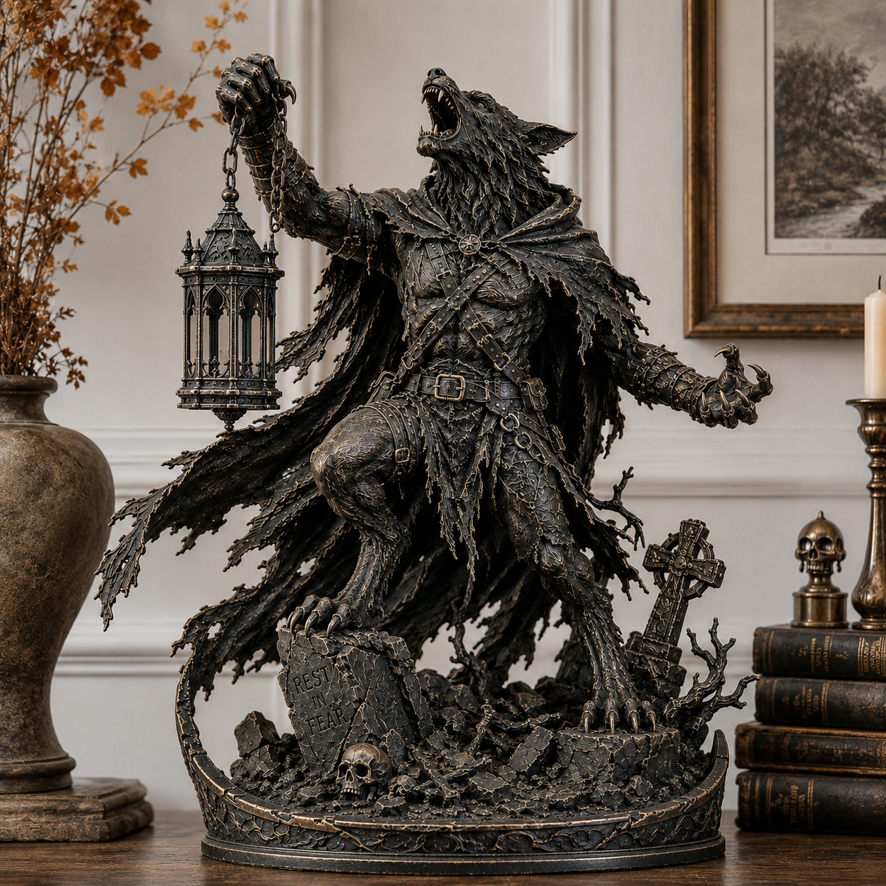 🌕🐺 Moonlit Werewolf Hunter Lantern Statue 🕯️🖤